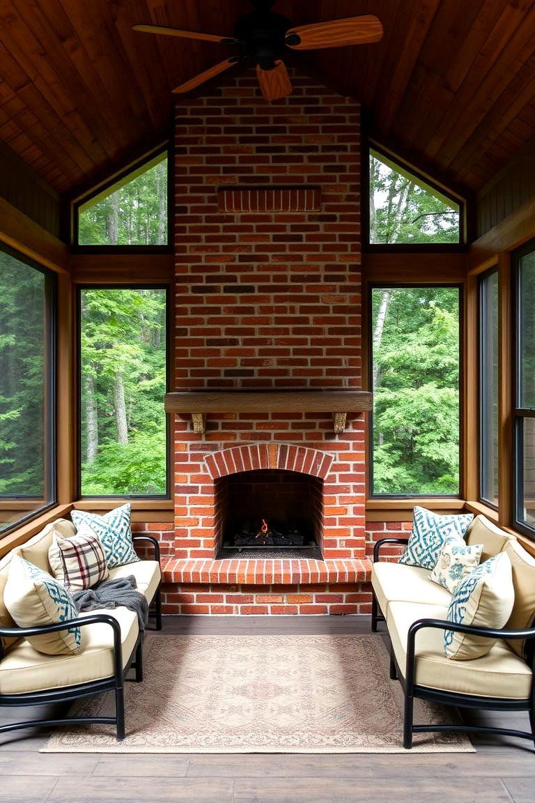 24 Screened-in Porch With Fireplace Ideas for All Seasons 13 Fireplace Surrounded by Comfortable Seating Nook - 24 Screened-in Porch With Fireplace Ideas