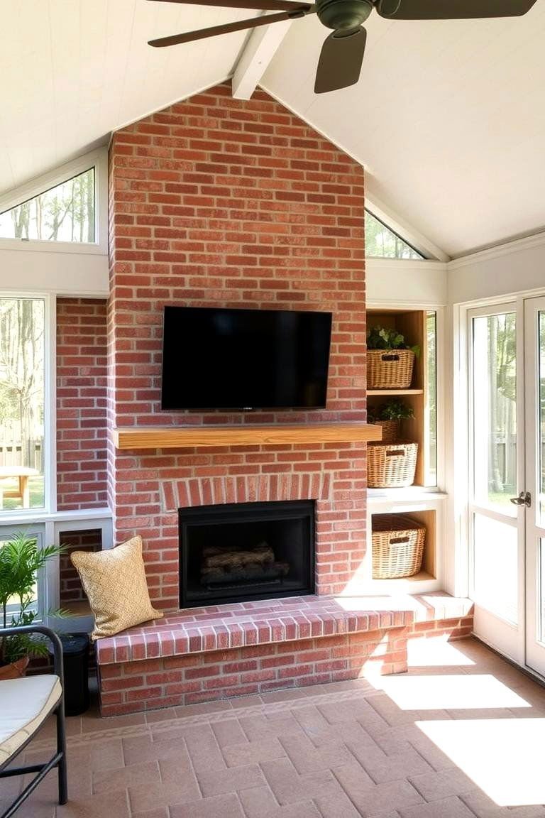 24 Screened-in Porch With Fireplace Ideas for All Seasons 8 Fireplace with Built in Storage for Wood or Accessories - 24 Screened-in Porch With Fireplace Ideas