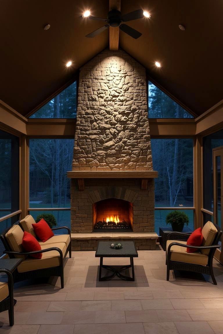 24 Screened-in Porch With Fireplace Ideas for All Seasons 19 Fireplace with Integrated Lighting Features - 24 Screened-in Porch With Fireplace Ideas