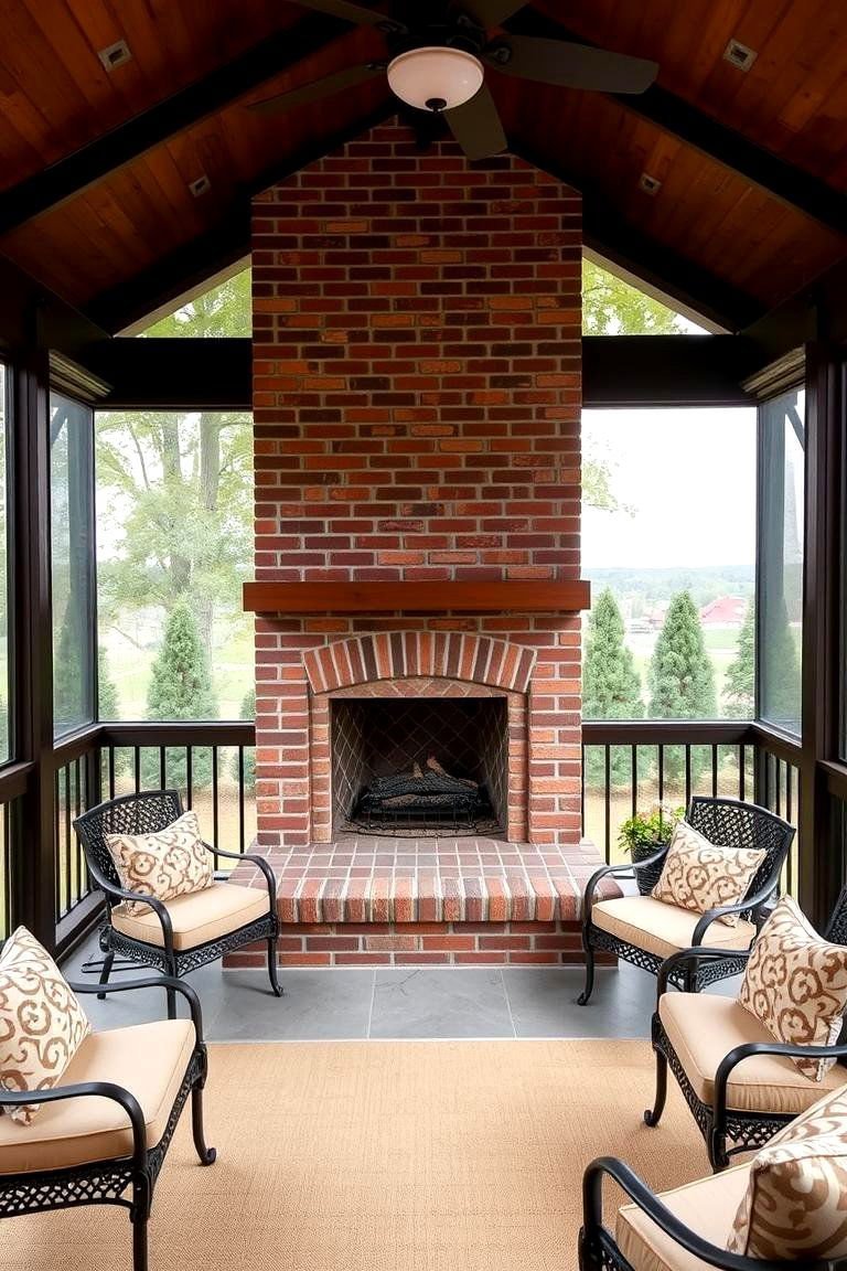 24 Screened-in Porch With Fireplace Ideas for All Seasons 21 Fireplace with a Decorative Tile Surround - 24 Screened-in Porch With Fireplace Ideas