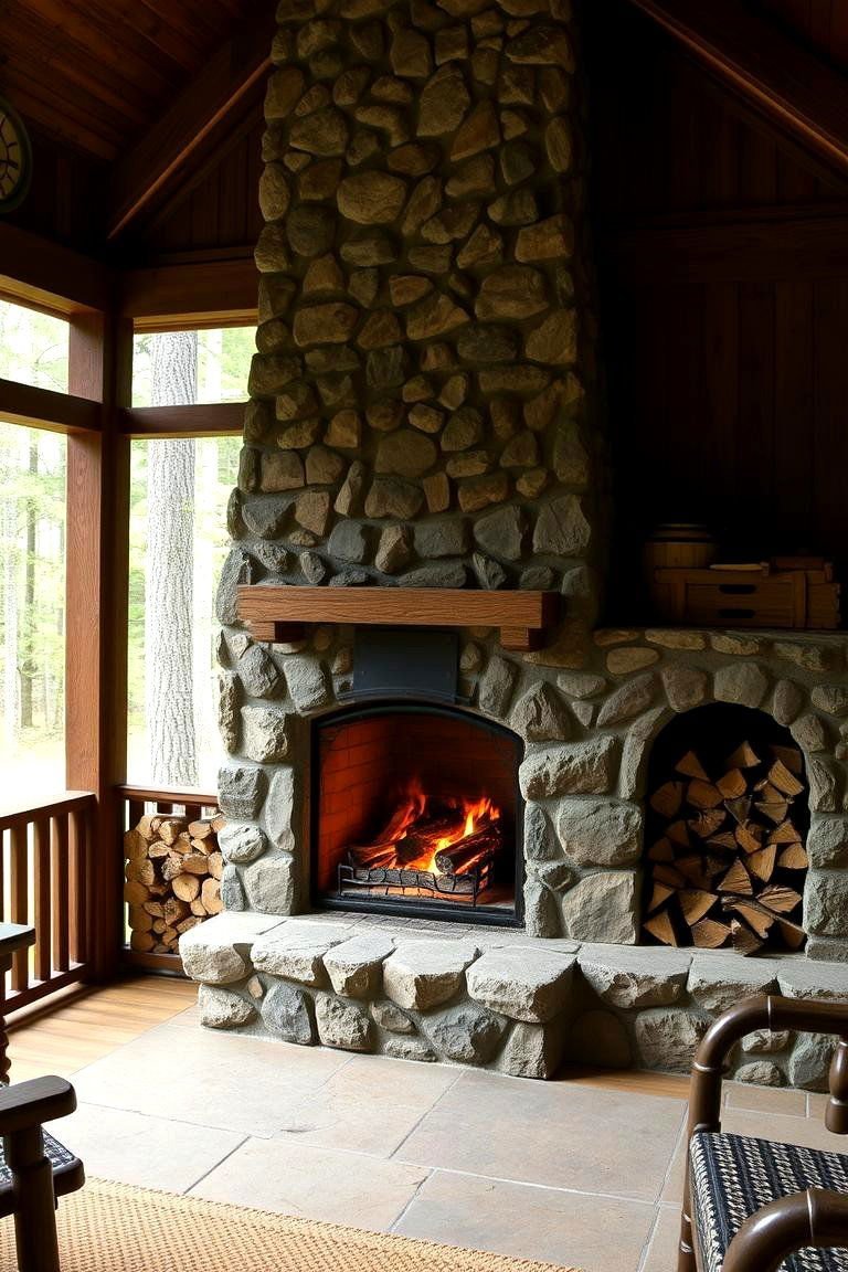 24 Screened-in Porch With Fireplace Ideas for All Seasons 24 Fireplace with a Rustic Log Storage Alcove - 24 Screened-in Porch With Fireplace Ideas