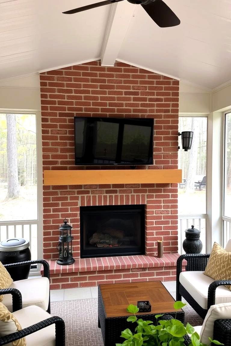 24 Screened-in Porch With Fireplace Ideas for All Seasons 17 Fireplace with a Weatherproof TV Above It - 24 Screened-in Porch With Fireplace Ideas