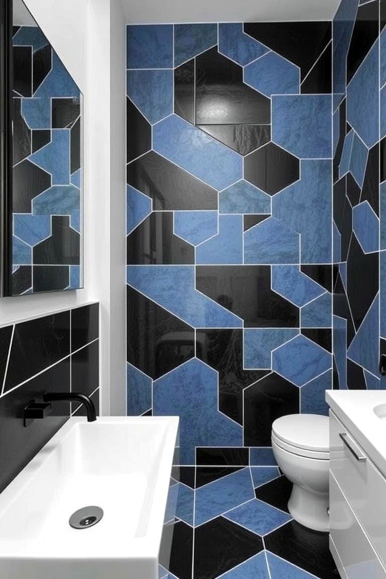 24 Black & Blue Bathroom Ideas for Bold Modern Designs 10 Geometric Patterned Tiles - 24 black and blue bathroom ideas