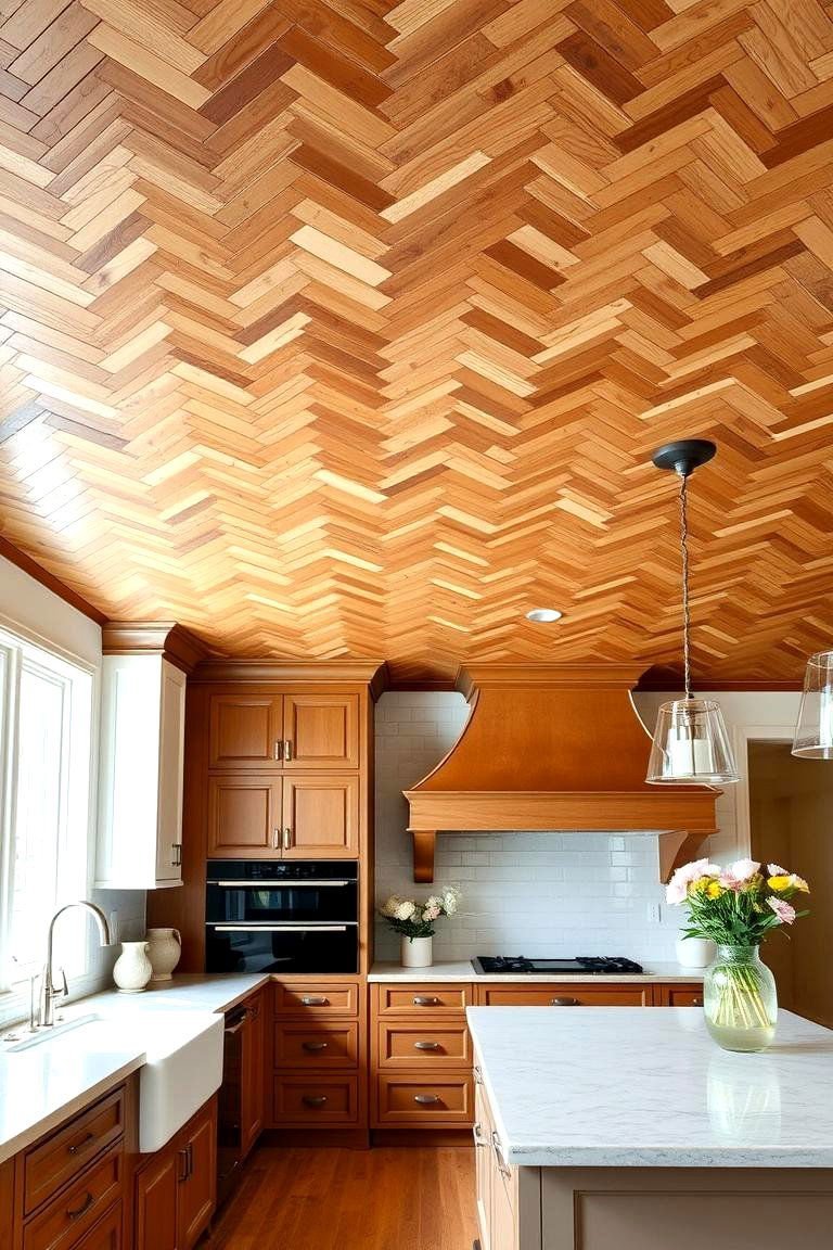 24 Wood Ceiling Kitchen Ideas to Warm Your Cooking Space 12 Herringbone Wood Pattern - 24 Wood Ceiling Kitchen Ideas