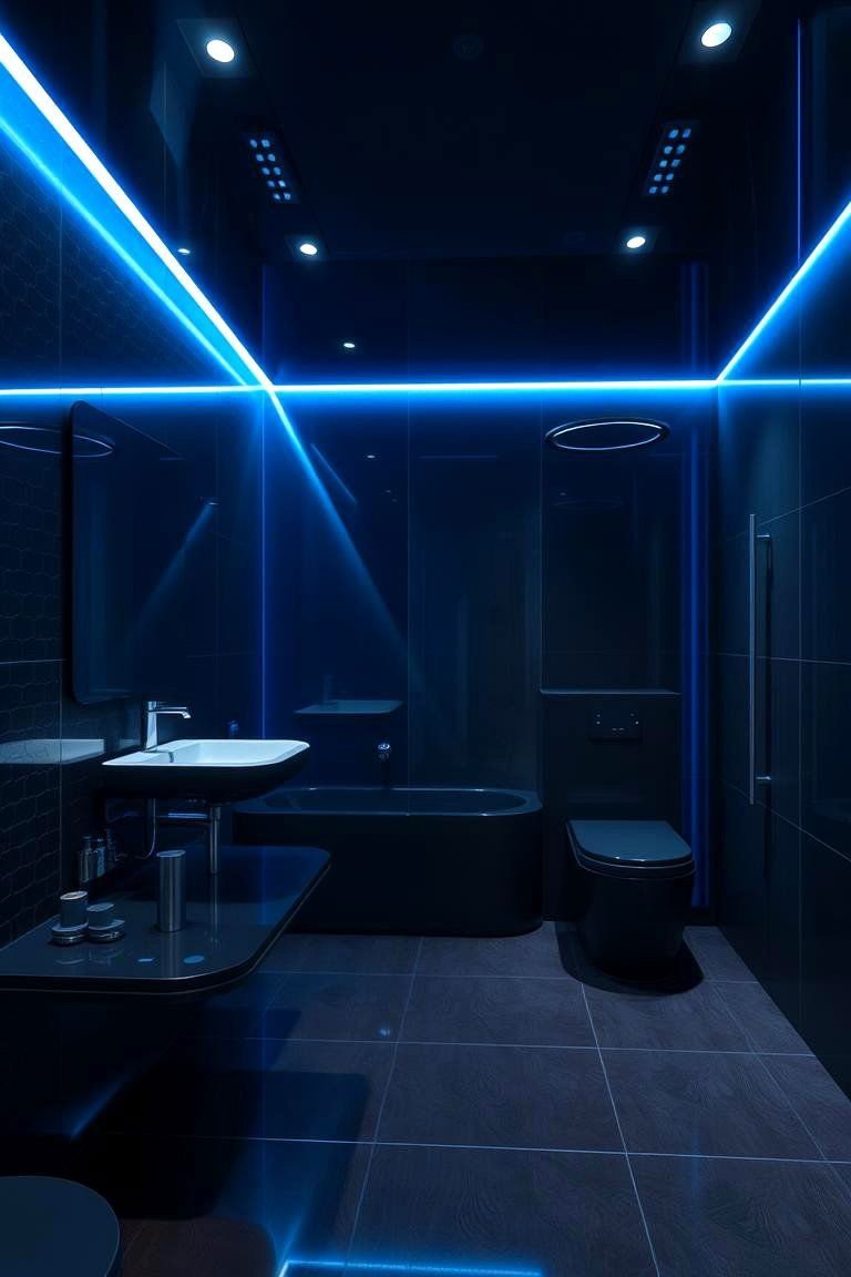 24 Black & Blue Bathroom Ideas for Bold Modern Designs 22 High Tech Haven with LED Accents - 24 black and blue bathroom ideas