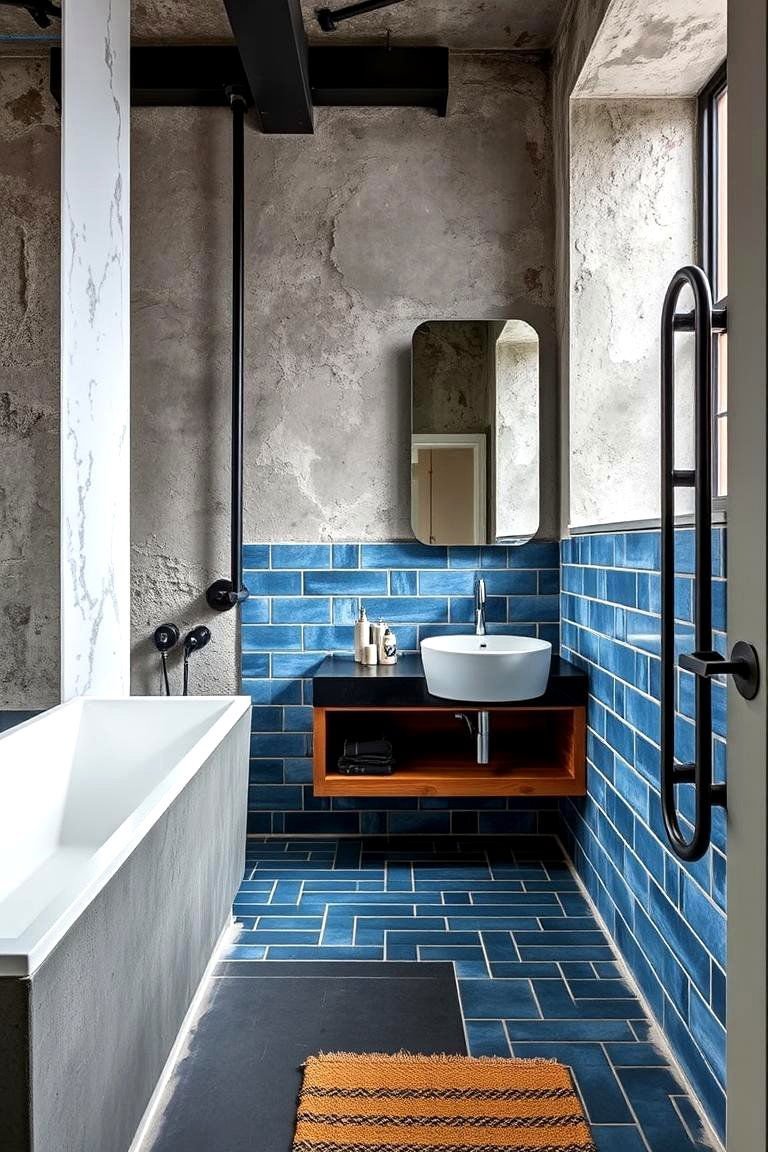 24 Black & Blue Bathroom Ideas for Bold Modern Designs 8 Industrial Chic with a Blue Twist - 24 black and blue bathroom ideas