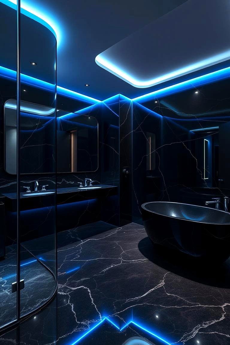 24 Black & Blue Bathroom Ideas for Bold Modern Designs 11 Luxurious Luster with Ambient Lighting - 24 black and blue bathroom ideas