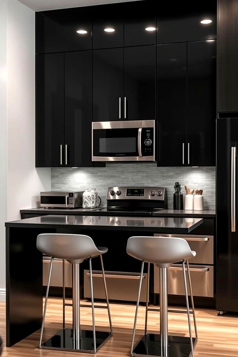 24 Cabinet Colors That Pair Beautifully With Black Appliances 23 Modern Edge with Metallic Accent Cabinets - 24 What Color Cabinets Go With Black Appliances