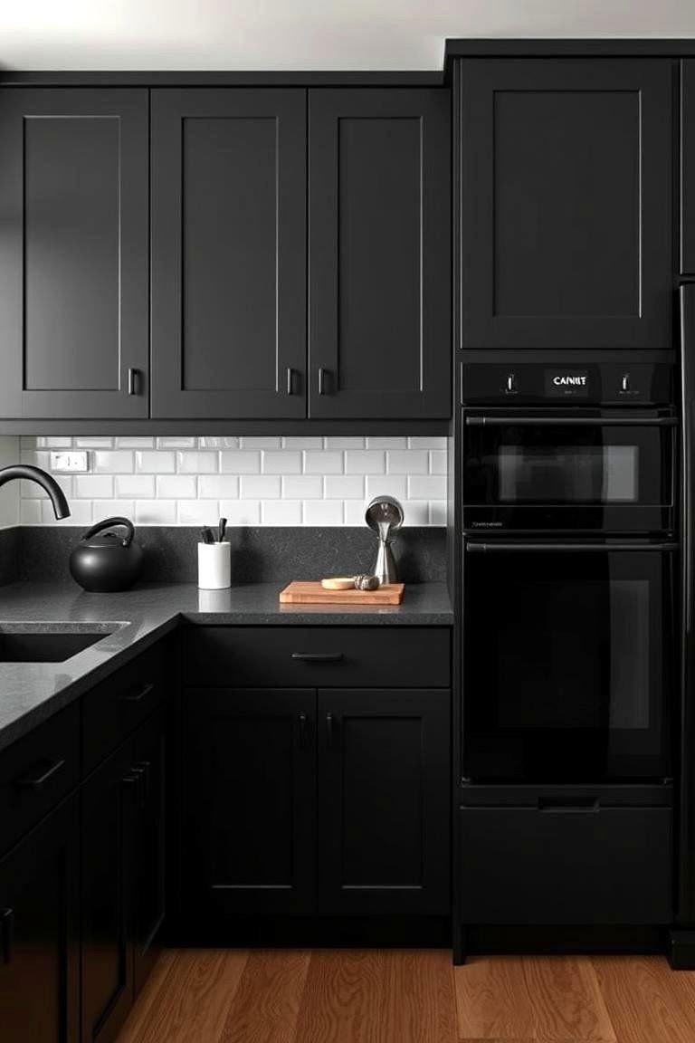 24 Cabinet Colors That Pair Beautifully With Black Appliances 20 Monochromatic Chic with Black Cabinets - 24 What Color Cabinets Go With Black Appliances