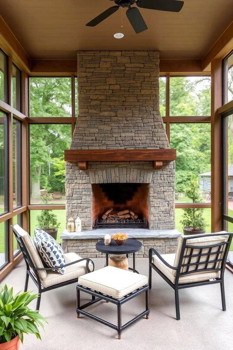 24 Screened-in Porch With Fireplace Ideas for All Seasons 10 Natural Stone Veneer Fireplace for Lightweight Option - 24 Screened-in Porch With Fireplace Ideas