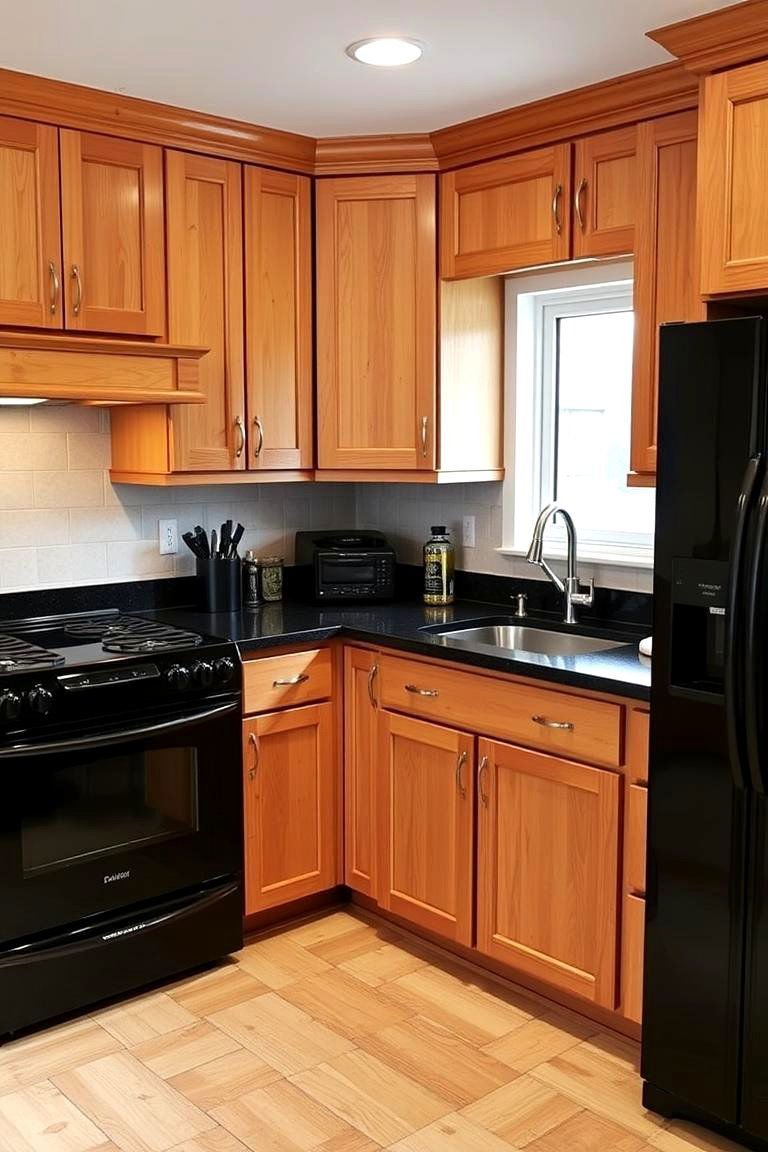 24 Cabinet Colors That Pair Beautifully With Black Appliances 15 Natural Warmth of Oak Wood Cabinets - 24 What Color Cabinets Go With Black Appliances