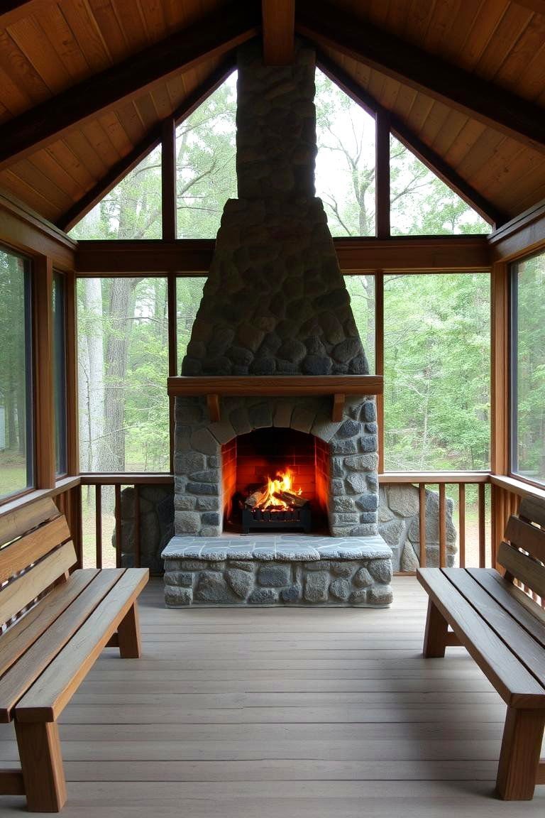 24 Screened-in Porch With Fireplace Ideas for All Seasons 15 Open Hearth Fireplace for a Traditional Feel - 24 Screened-in Porch With Fireplace Ideas