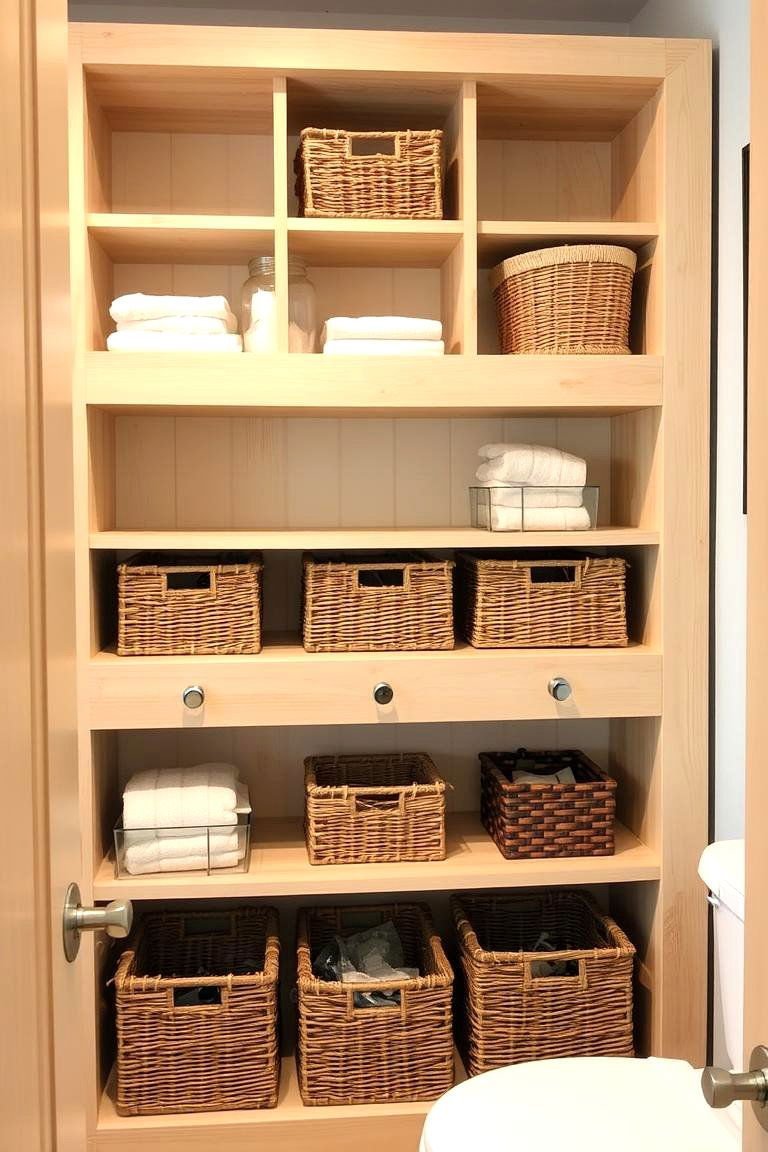 24 Small Bathroom Shelving Ideas to Maximize Storage 23 Open Shelving Units with Baskets - 24 Small Bathroom Shelving Ideas