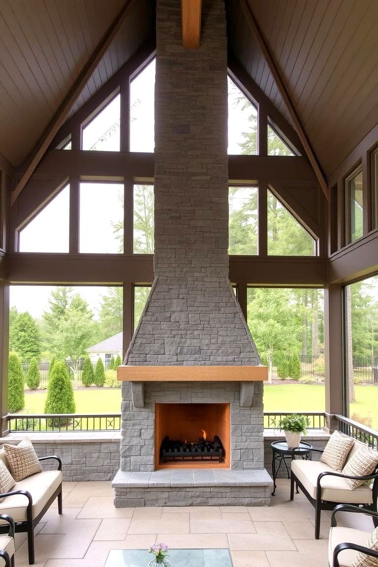 24 Screened-in Porch With Fireplace Ideas for All Seasons 11 Outdoor Fireplace with Chimney Extending Above the Roofline - 24 Screened-in Porch With Fireplace Ideas