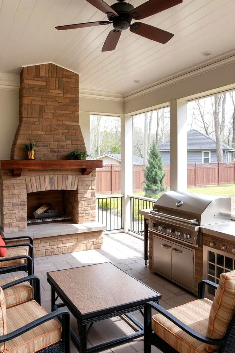 24 Screened-in Porch With Fireplace Ideas for All Seasons 22 Outdoor Fireplace with a Built in Grill - 24 Screened-in Porch With Fireplace Ideas