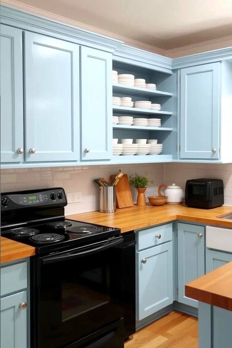 24 Cabinet Colors That Pair Beautifully With Black Appliances 7 Refreshing Vibrancy of Light Blue Cabinets - 24 What Color Cabinets Go With Black Appliances
