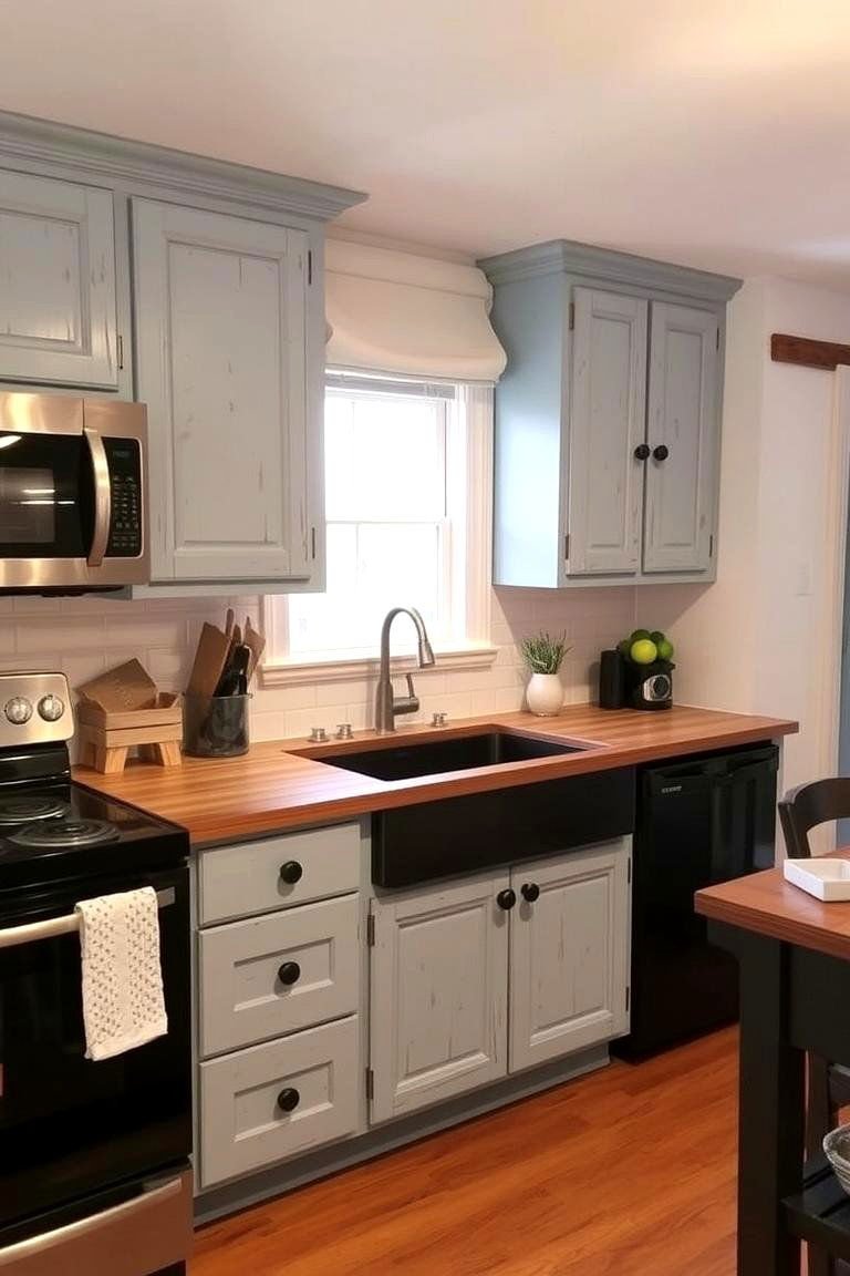 24 Cabinet Colors That Pair Beautifully With Black Appliances 24 Rustic Charm with Painted Distressed Cabinets - 24 What Color Cabinets Go With Black Appliances