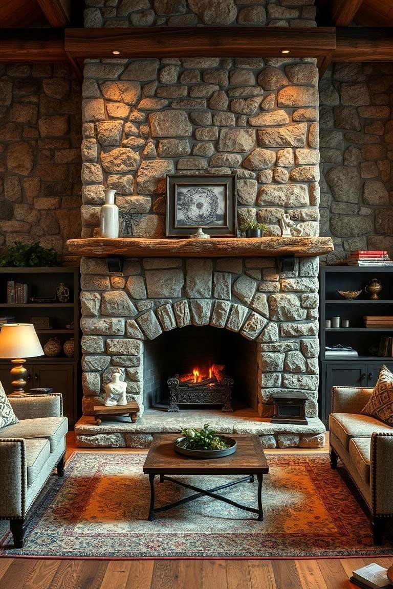 24 Cottage Decor Ideas for a Charming Home Style 8 Rustic Stone Fireplace Enhancements - 24 Cottage Decorating Ideas