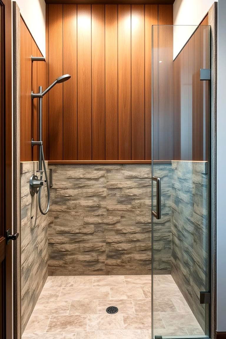 24 Rustic Walk-in Shower Ideas for a Spa-Like Bathroom Retreat 12 Rustic Wood and Metal Shelving Unit - 24 Rustic Walk-in Shower Ideas
