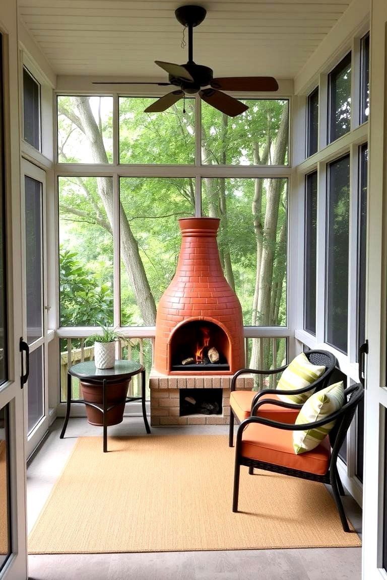 24 Screened-in Porch With Fireplace Ideas for All Seasons 25 Small Chiminea Style Fireplace for Compact Spaces - 24 Screened-in Porch With Fireplace Ideas