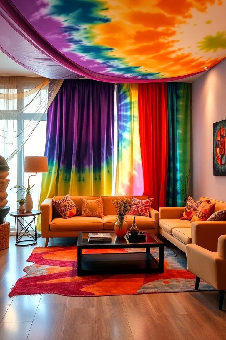 24 Boho Curtain Ideas for a Stylish Home Makeover 3 Tie Dye Treasure Vibrant Boho Drapes - 24 Boho Curtain Ideas