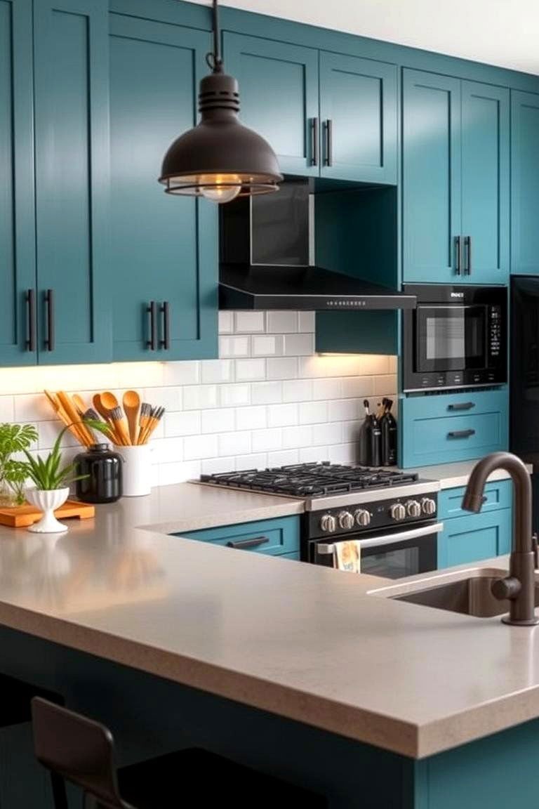 24 Cabinet Colors That Pair Beautifully With Black Appliances 8 Trendy Sophistication of Teal Cabinets - 24 What Color Cabinets Go With Black Appliances