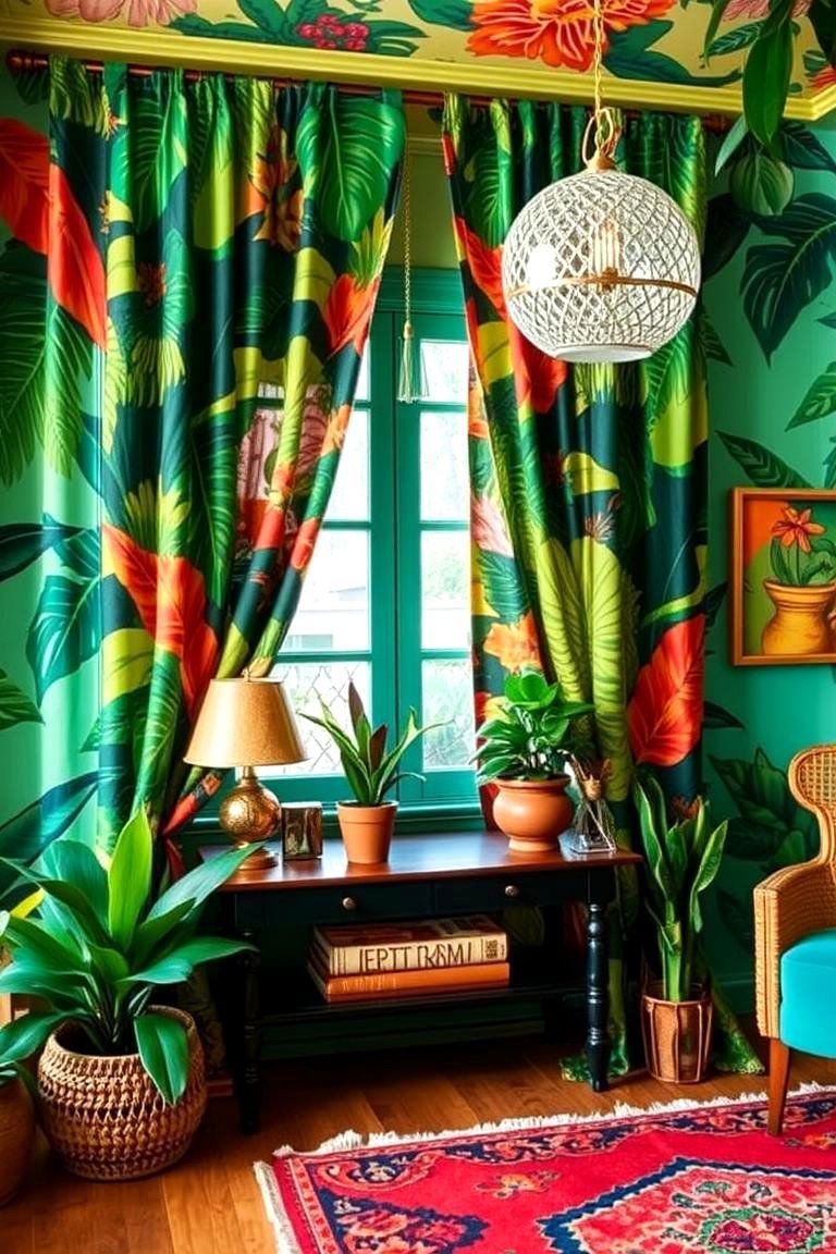 24 Boho Curtain Ideas for a Stylish Home Makeover 22 Tropical Twist Lush Boho Curtain Vibes - 24 Boho Curtain Ideas