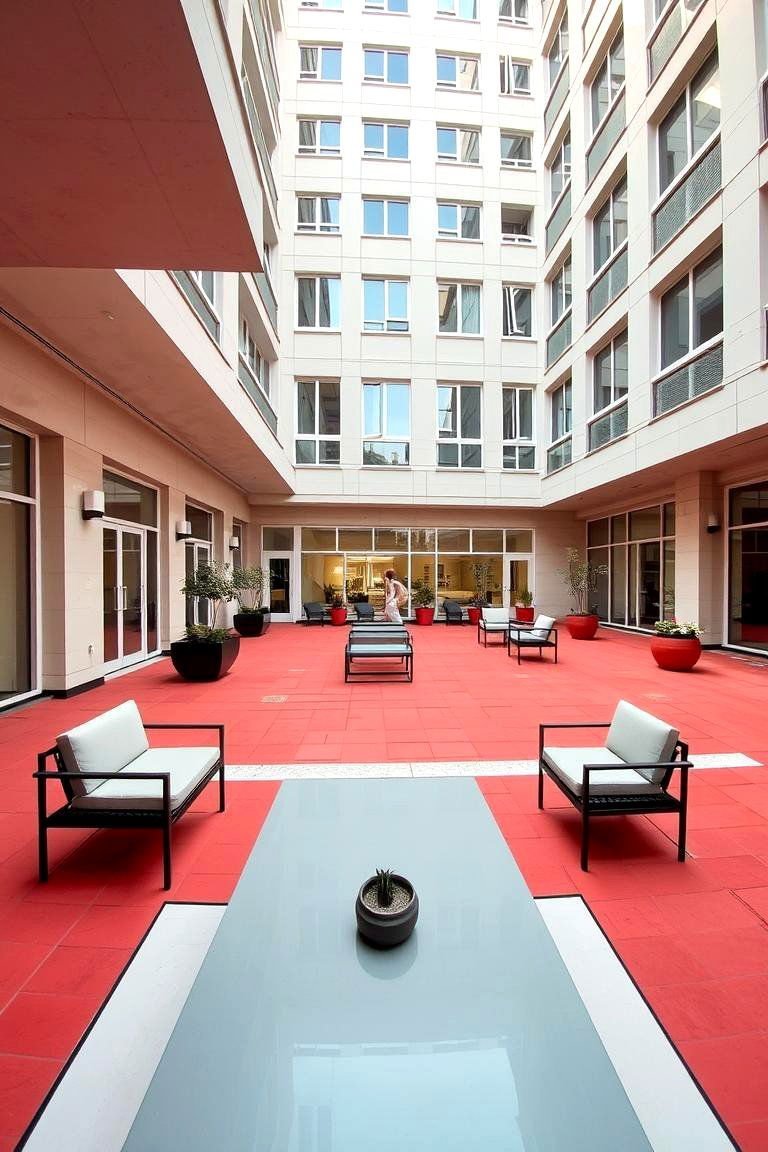 24 Red Paver Patio Ideas to Transform Outdoor Living Spaces 20 Urban Red Paver Courtyard - 24 Red Paver Patio Ideas