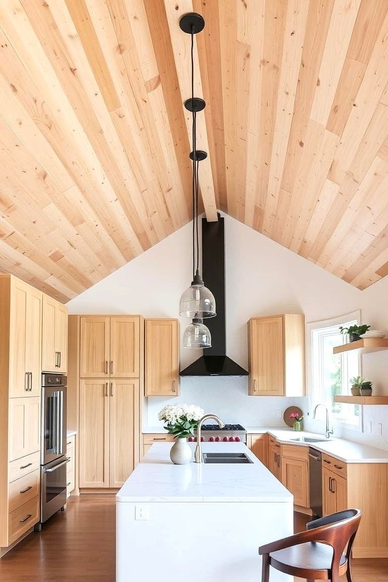 24 Wood Ceiling Kitchen Ideas to Warm Your Cooking Space 15 Wood Ceiling with Pendant Lights - 24 Wood Ceiling Kitchen Ideas