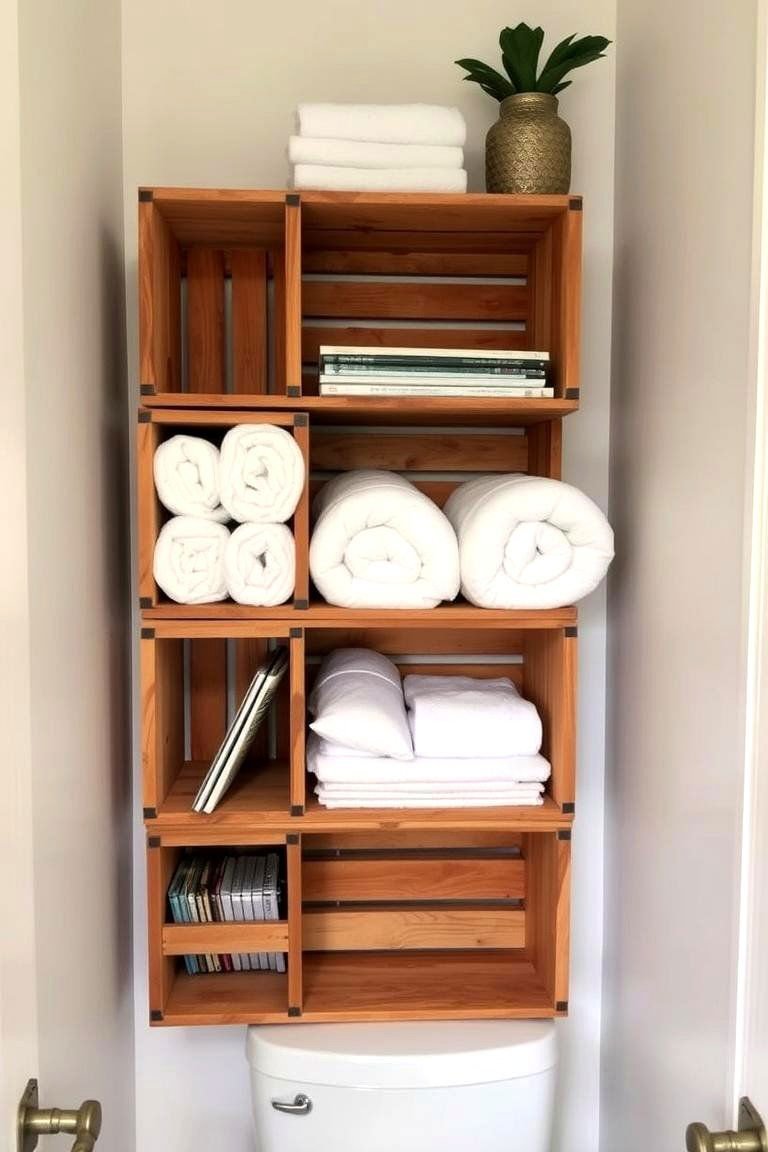 24 Small Bathroom Shelving Ideas to Maximize Storage 21 Wooden Crates as Rustic Shelves - 24 Small Bathroom Shelving Ideas