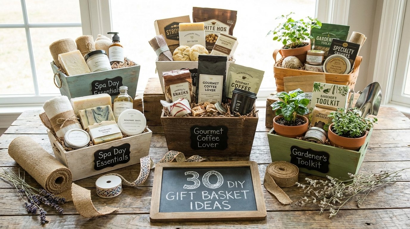 A collection of beautifully arranged DIY gift baskets featuring various themes like coffee, spa, and gourmet snacks.