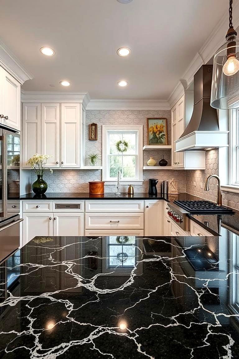 24 Black Granite Countertop Kitchen Ideas for Sleek Spaces 14 Artistic Patterned Accents - 24 Black Granite Countertops Kitchen Ideas