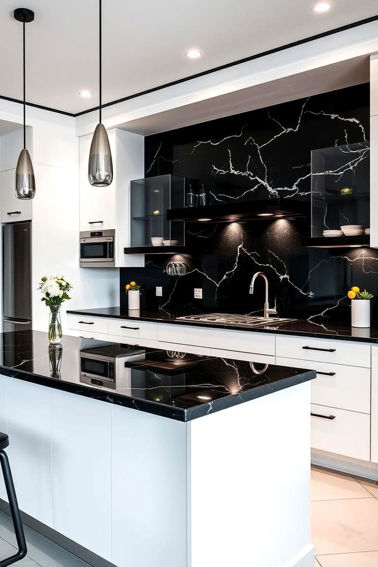 24 Black Granite Countertop Kitchen Ideas for Sleek Spaces 8 Bold Contrast with White Accents - 24 Black Granite Countertops Kitchen Ideas