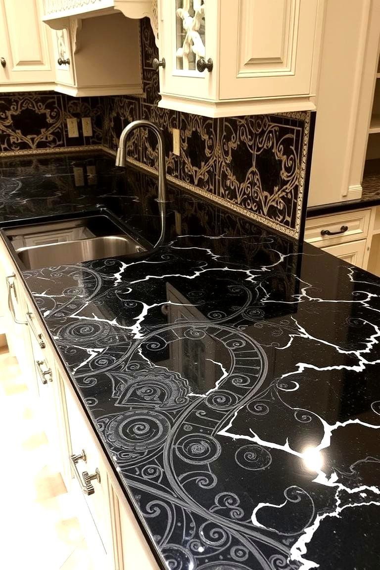 24 Black Granite Countertop Kitchen Ideas for Sleek Spaces 22 Custom Carved Detailing - 24 Black Granite Countertops Kitchen Ideas
