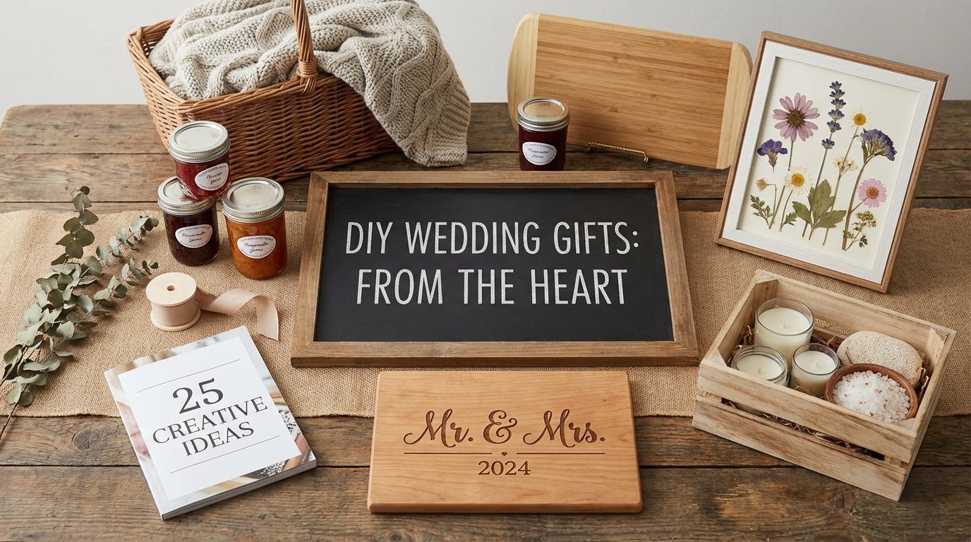 A collection of beautiful and creative handmade DIY wedding gift ideas displayed on a table.