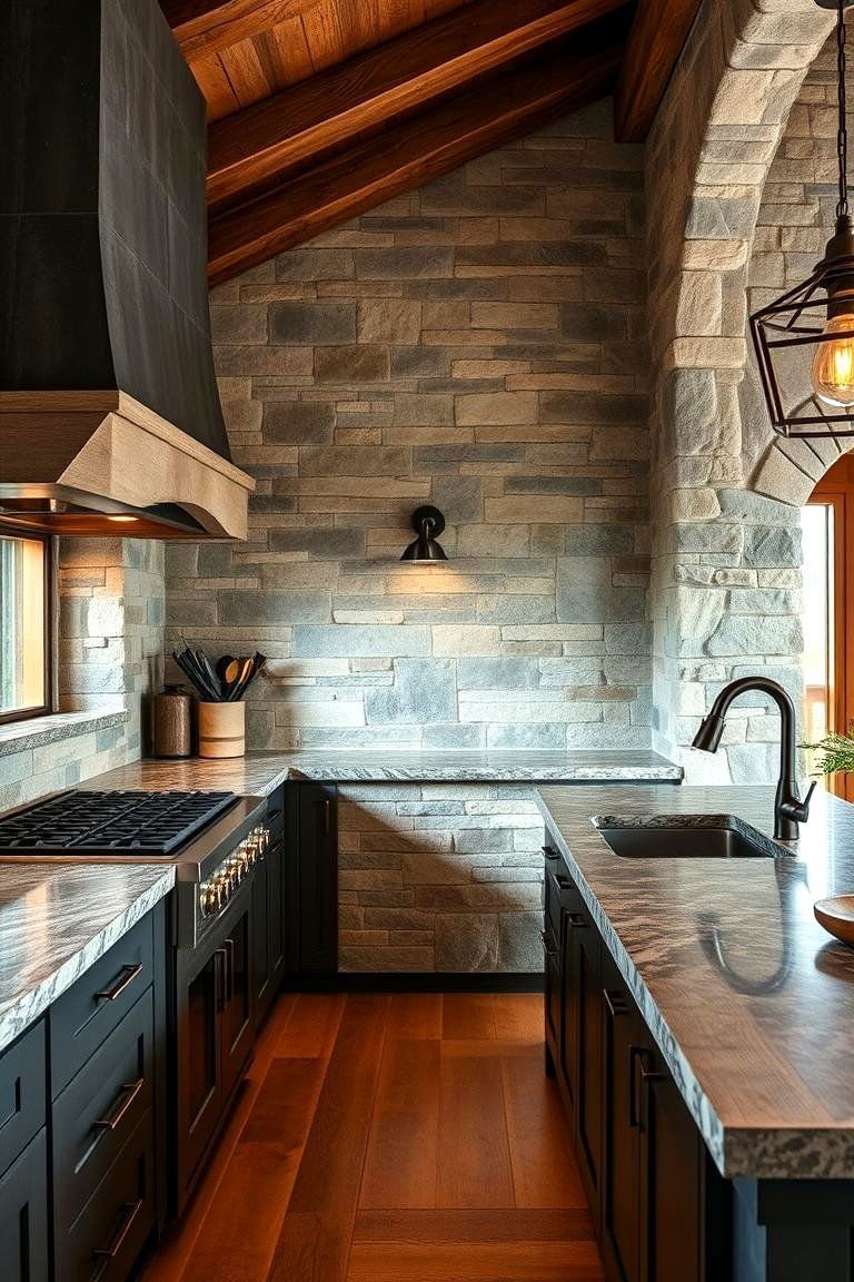 24 Mountain House Kitchen Ideas for Rustic Charm 8 Incorporating Stone Walls for Rustic Texture - 24 Mountain House Kitchen Ideas