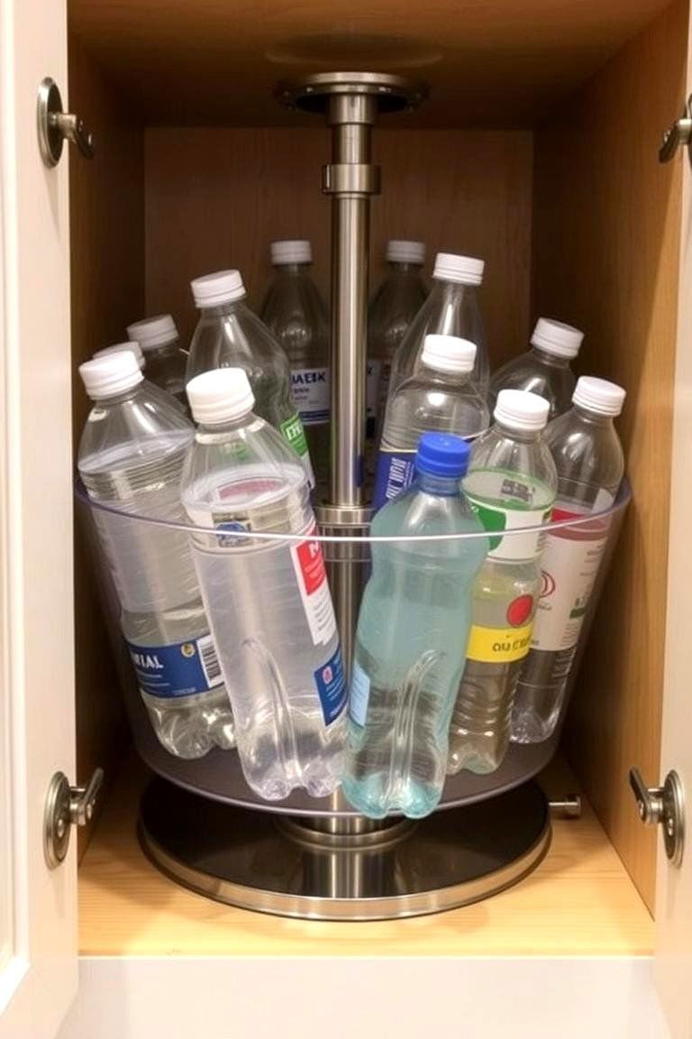 24 Smart Water Bottle Storage Ideas for Organized Spaces & Clutter Free Home 9 Lazy Susan in Cabinet for Easy Rotation - 24 Water Bottle Storage Ideas
