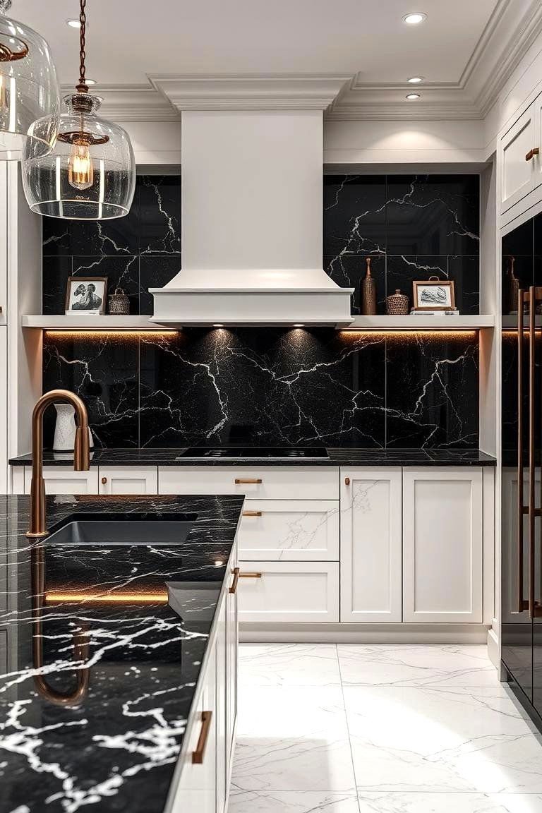 24 Black Granite Countertop Kitchen Ideas for Sleek Spaces 21 Marble Accented Black Granite - 24 Black Granite Countertops Kitchen Ideas