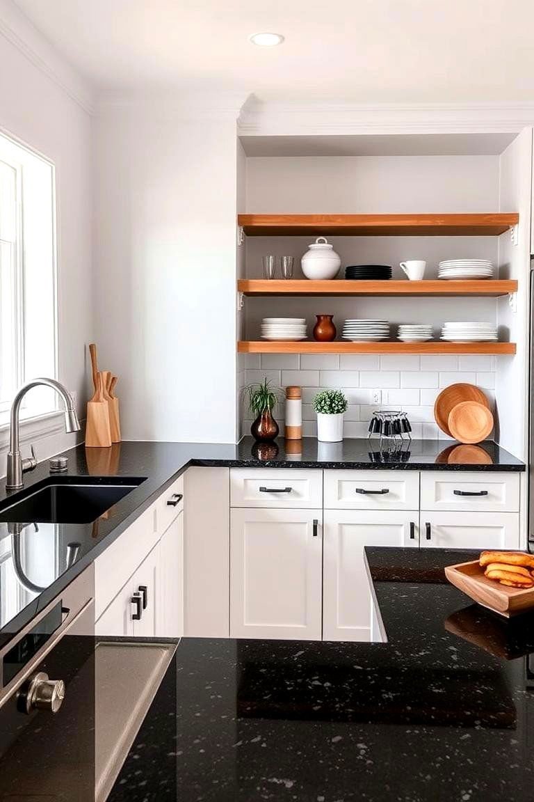24 Black Granite Countertop Kitchen Ideas for Sleek Spaces 23 Minimalistic Open Shelving Fusion - 24 Black Granite Countertops Kitchen Ideas
