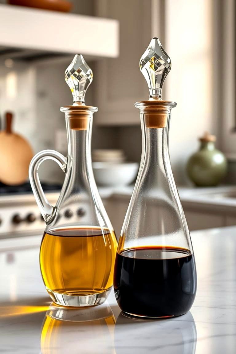 24 Kitchen Counter Decor Ideas: Functional & Aesthetic Displays 22 These Elegant Oil and Vinegar Cruets - 24 Kitchen Counter Decor Ideas