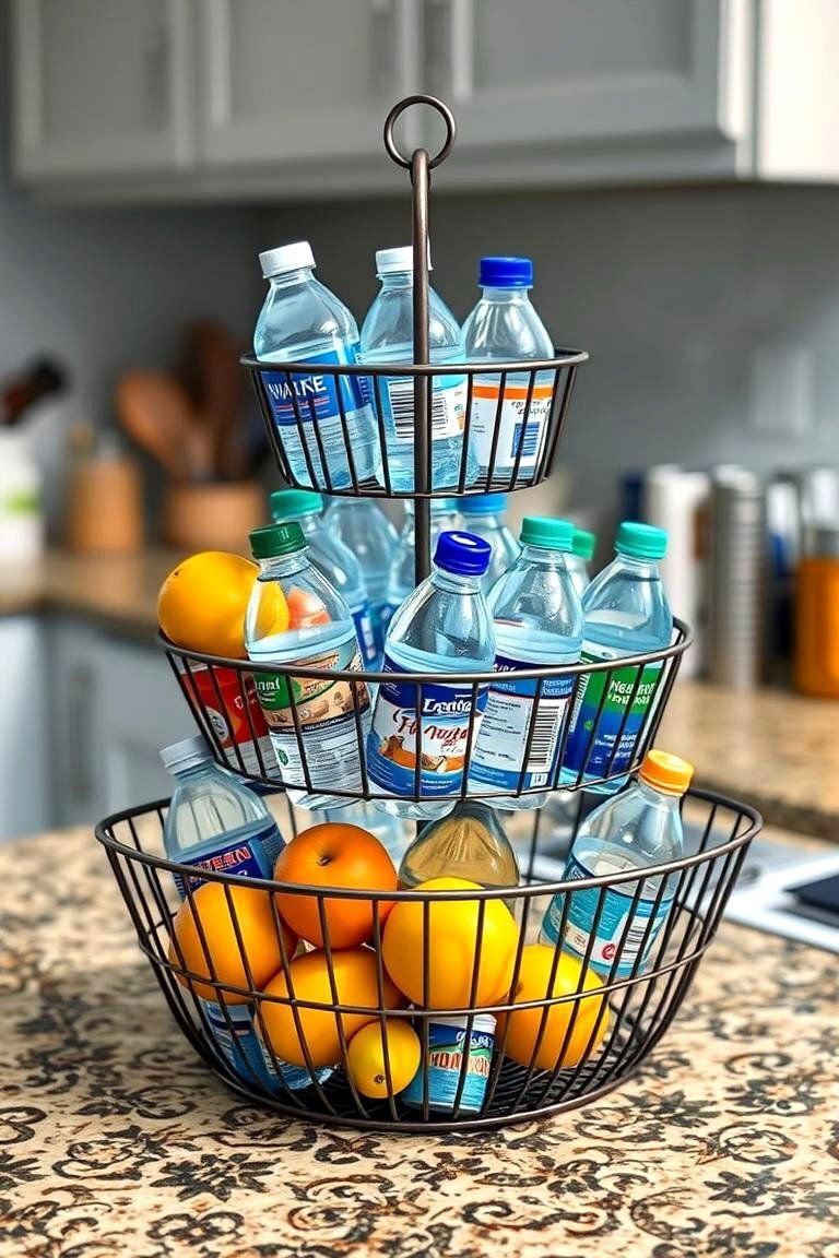 24 Smart Water Bottle Storage Ideas for Organized Spaces & Clutter Free Home 7 Tiered Fruit Basket Repurposed for Bottles - 24 Water Bottle Storage Ideas