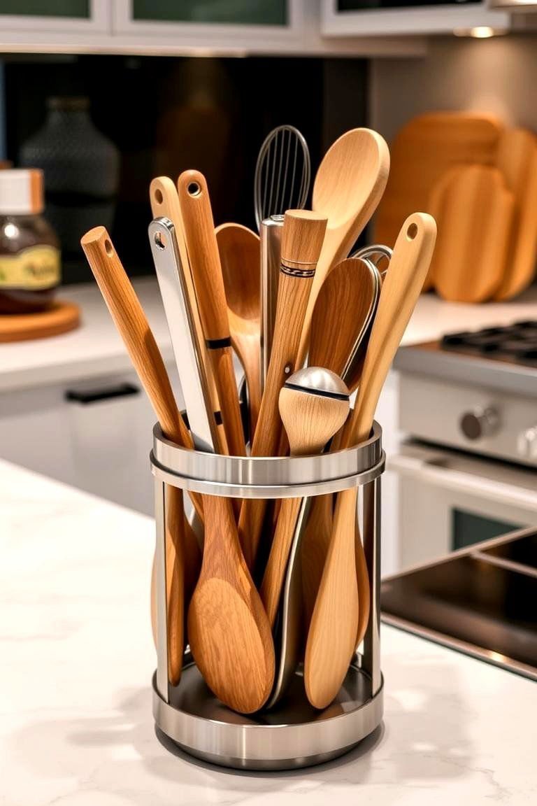 24 Kitchen Counter Decor Ideas: Functional & Aesthetic Displays 19 What About a Rotating Utensil Holder - 24 Kitchen Counter Decor Ideas