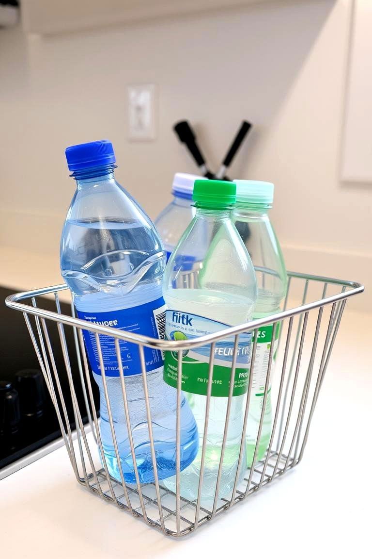 24 Smart Water Bottle Storage Ideas for Organized Spaces & Clutter Free Home 6 Wire Basket on Countertop for Quick Access - 24 Water Bottle Storage Ideas