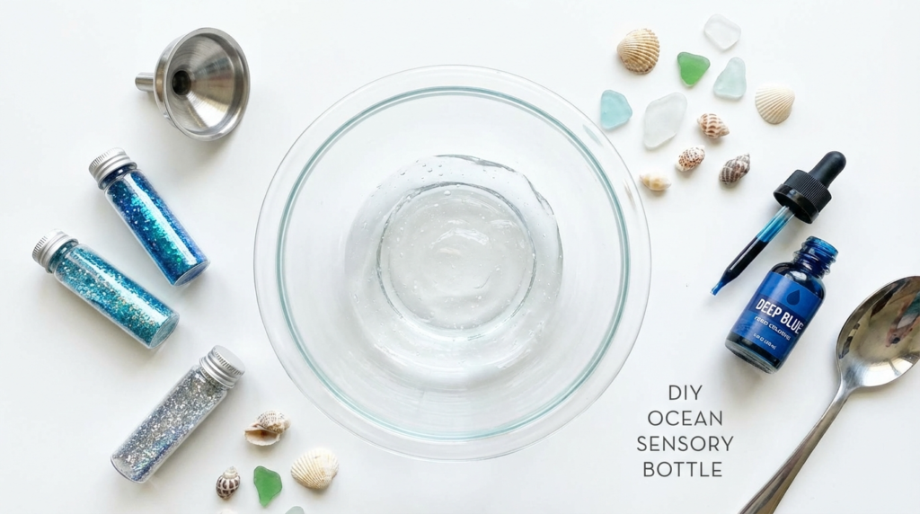 DIY Glittery Ocean in a Bottle – Beautiful Sensory Craft for Kids 3 Materials to make glittery ocean in a bottle