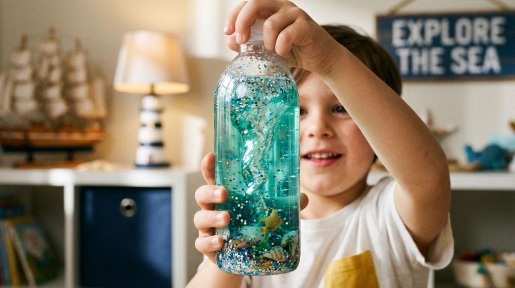 DIY Glittery Ocean in a Bottle – Beautiful Sensory Craft for Kids 6 DIY sensory bottle