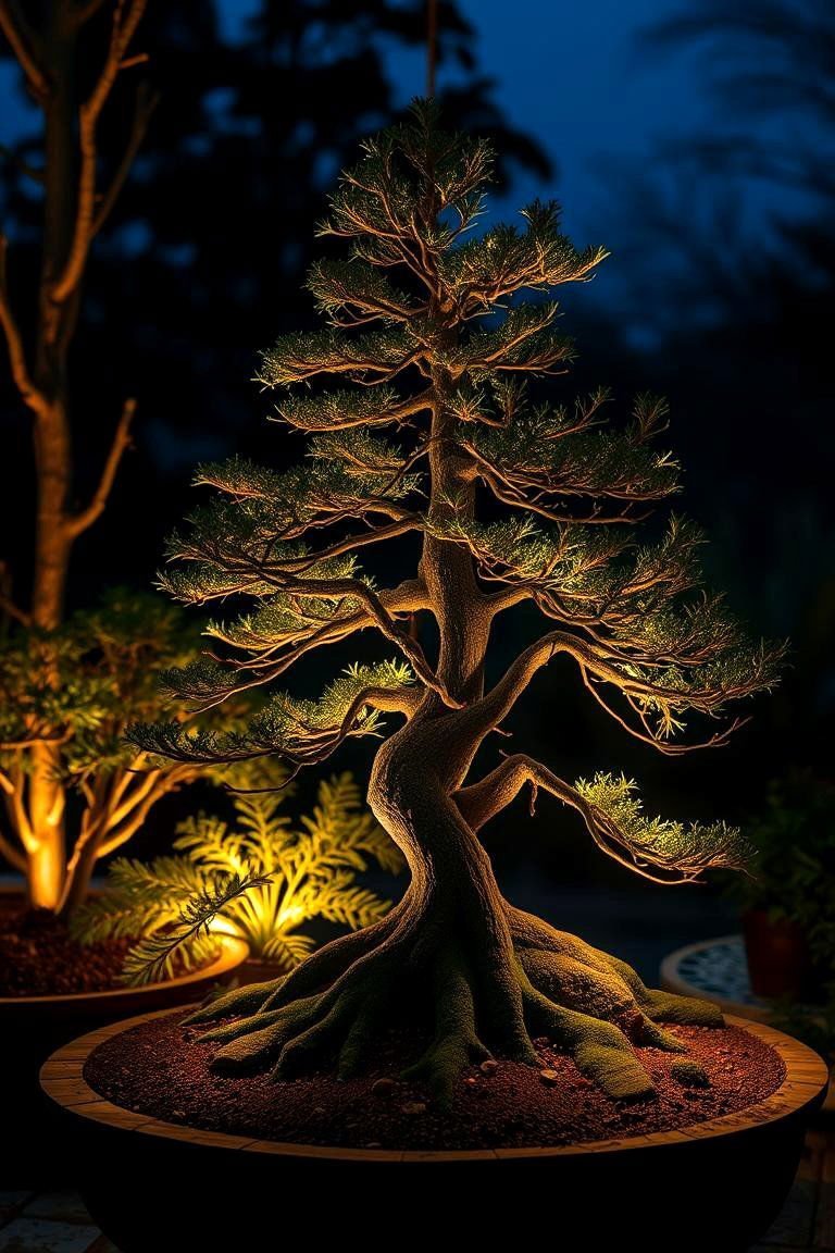24 Bonsai Garden Ideas to Elevate Your Indoor Greenery 21 Artful Lighting Bonsai Garden - 24 Bonsai Garden Ideas