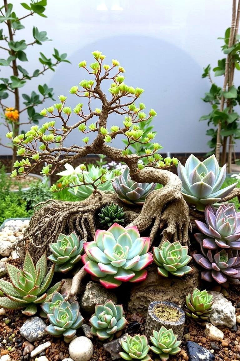 24 Bonsai Garden Ideas to Elevate Your Indoor Greenery 18 Bonsai and Succulent Harmony - 24 Bonsai Garden Ideas