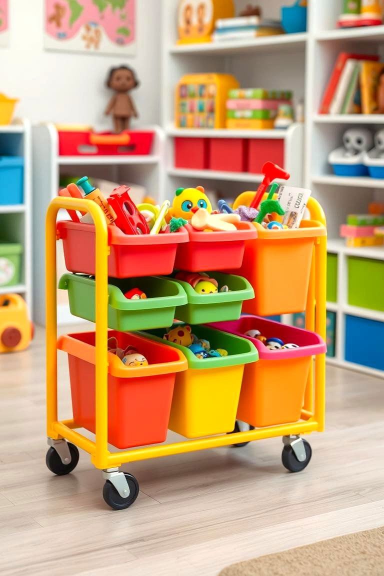 24 Toy Storage Ideas for a Clutter-Free Kids' Room 5 Rolling Carts with Multiple Bins - 24 Toy Storage Ideas
