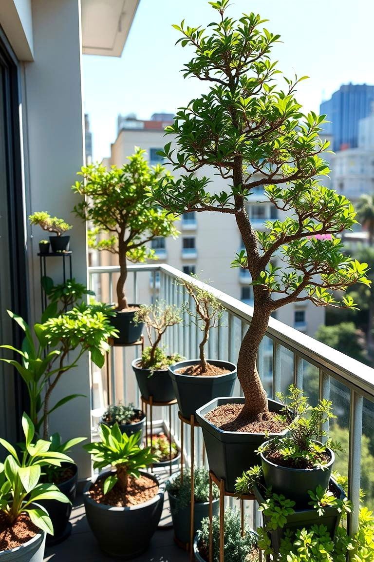 24 Bonsai Garden Ideas to Elevate Your Indoor Greenery 16 Urban Balcony Bonsai Haven - 24 Bonsai Garden Ideas
